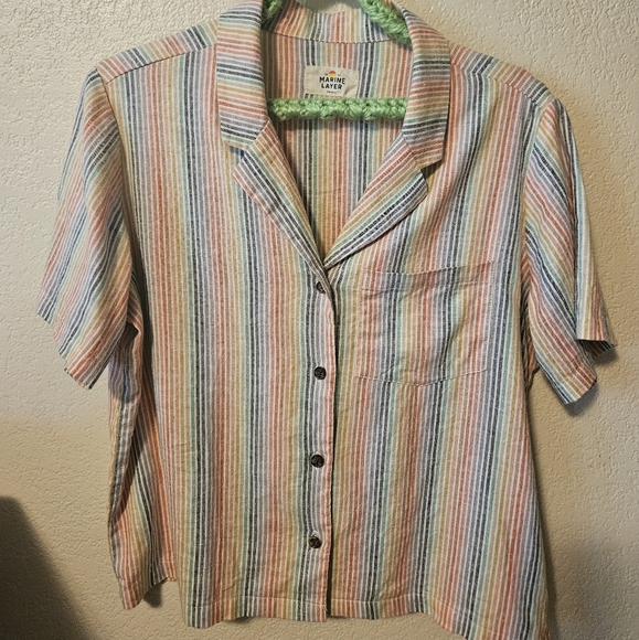Marine Layer Hemp Tencel Boxy Cropped Striped Button Up Top Small Rainbow - Picture 2 of 3
